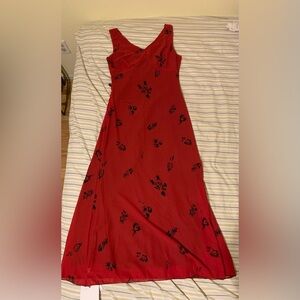 Elegant Red Maxi Dress with Black Floral Pattern